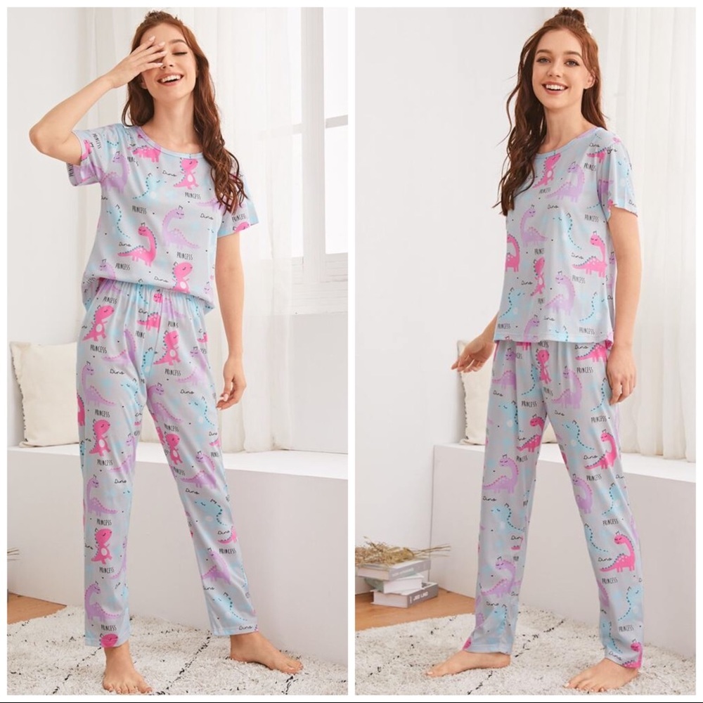 New Gray Dino Tee & Pants Pajama Set - Picture 2 of 3